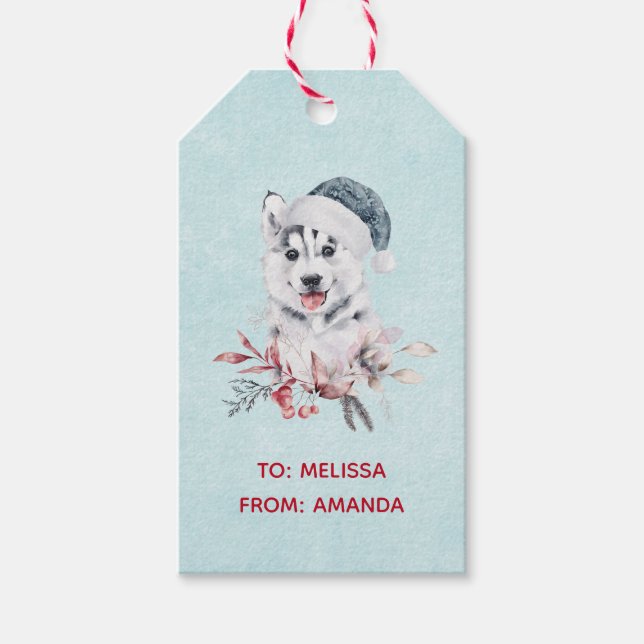 Étiquettes-cadeau Chien de Noël Husky dans un chapeau de Père Noël (Devant)