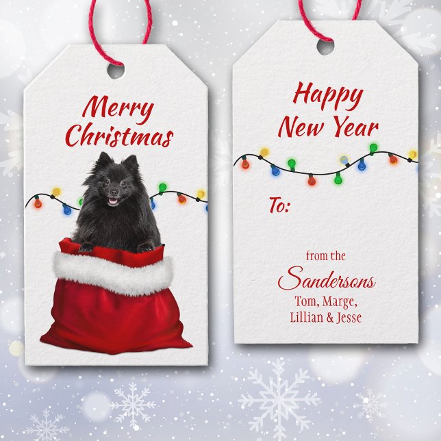 Étiquettes-cadeau Chien de Poméranie Noire dans le sac Père Noël (Créateur téléchargé)