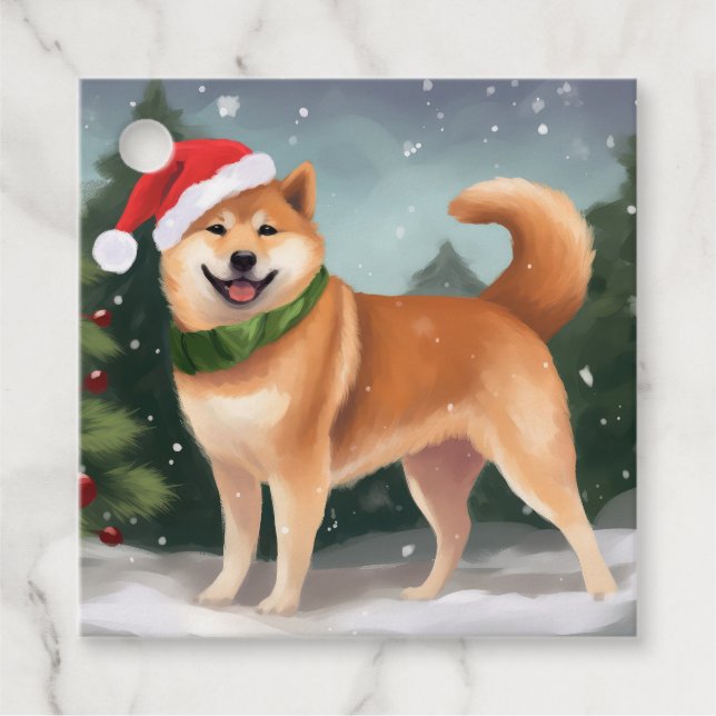 Étiquettes Cadeau Chien de Shiba Inu à Noël de neige (Devant)