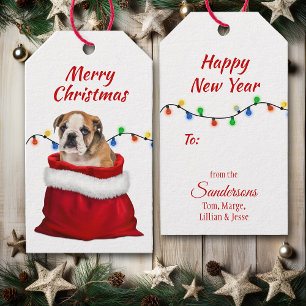 Étiquettes-cadeau Chien mignon Bulldog dans le sac Père Noël
