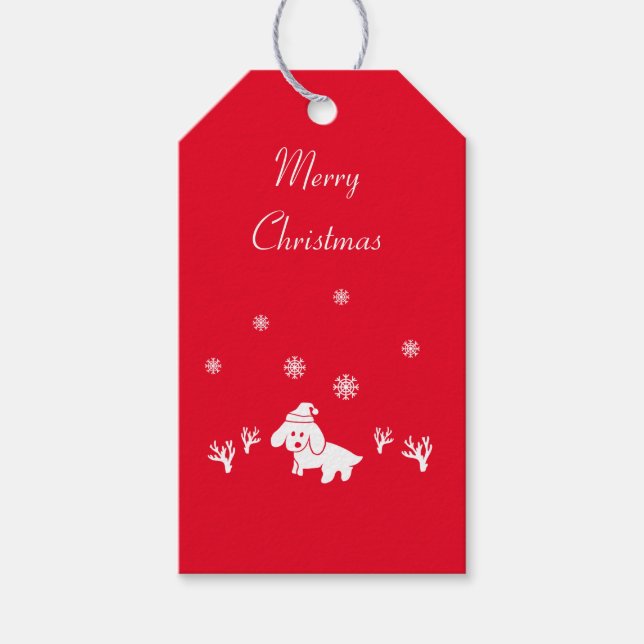 Étiquettes-cadeau Chien Santa chapeau & cristaux de glace Noël Cadea (Devant)