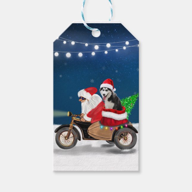 Étiquettes-cadeau Chien sibérien Husky Noël Père Noël (Devant)