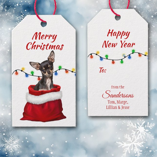 Étiquettes-cadeau Chien Tan Chihuahua noir dans un sac Père Noël (Créateur téléchargé)