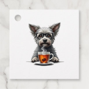 Étiquettes Cadeau Chien Vintage tenant du Thé avec des Lunettes Illu