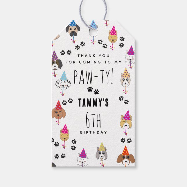 Étiquettes-cadeau Chiens de fête d'anniversaire Pawty mignons (Devant)