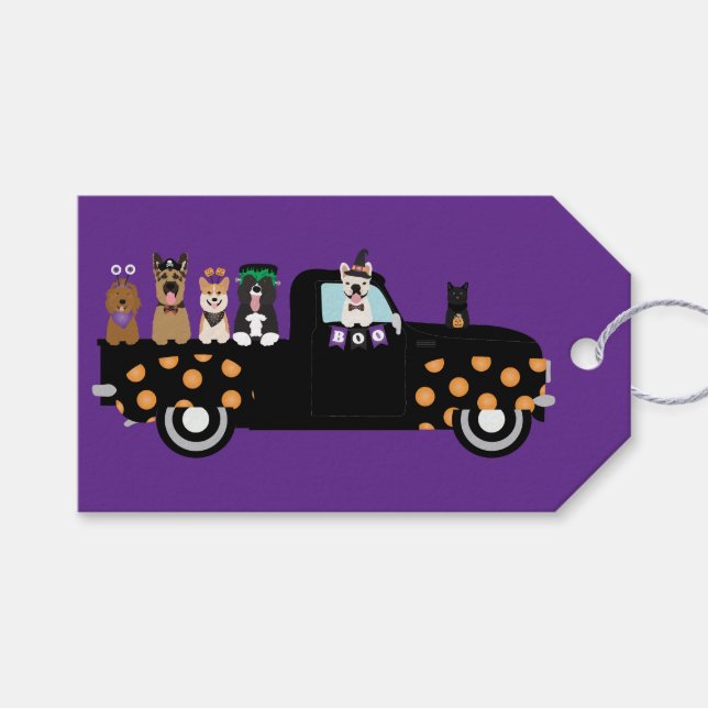 Étiquettes-cadeau Chiens D'Halloween Dans Un Camion De Ramassage (Devant (Horizontal))