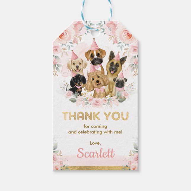 Étiquettes-cadeau Chiens Roses Blush Chiens Fille Baby shower Faveur (Devant)