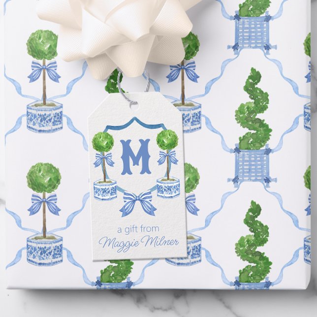 Étiquettes-cadeau Chinoiserie Aquarelle Bow Topior Monogramme Crest (Créateur téléchargé)