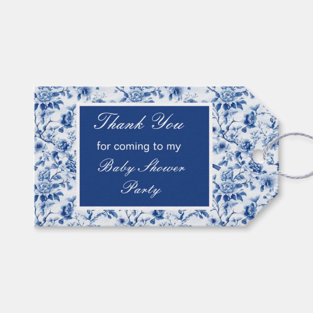 Étiquettes-cadeau Chinoiserie Baby shower des oiseaux et fleurs bleu (Devant (Horizontal))