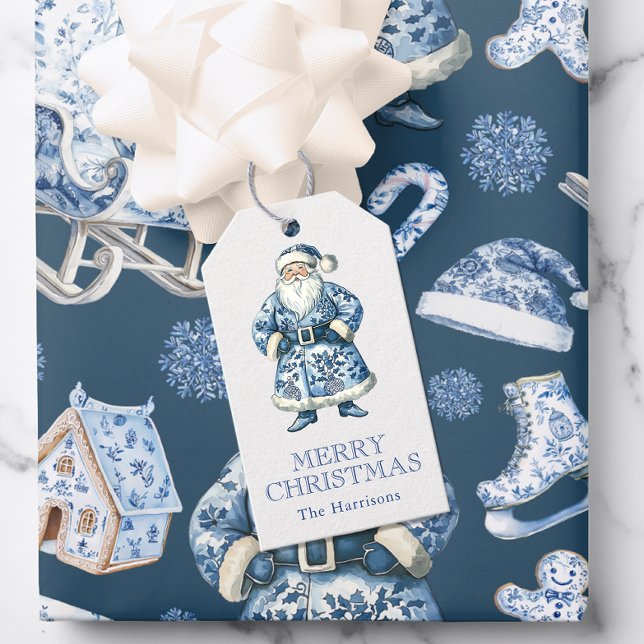 Étiquettes-cadeau Chinoiserie bleue et blanche Noël Père Noël (Créateur téléchargé)