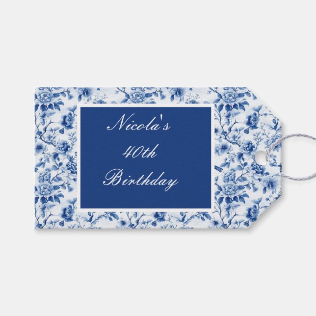 Étiquettes-cadeau Chinoiserie Blue Birds and Flowers Anniversaire (Devant (Horizontal))