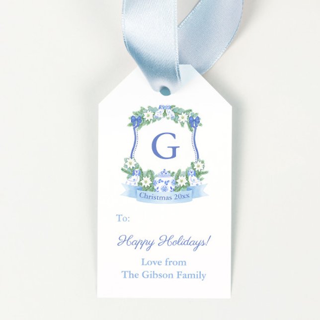Étiquettes-cadeau Chinoiserie Crête Bleue Blanche Joyeux Noël (Blue and white pottery dogs chinoiserie monogram merry christmas gift tags)