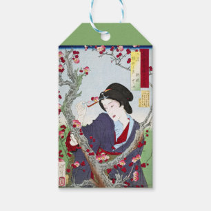 Étiquettes-cadeau Chinoiserie Dame japonaise et fleur de cerisier ro
