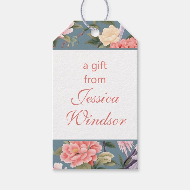 Étiquettes-cadeau Chinoiserie Floral Jade Egret (Devant)