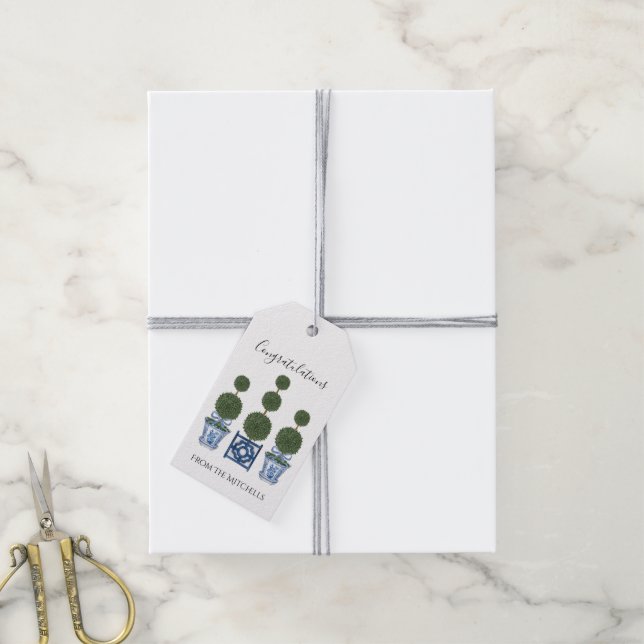 Étiquettes-cadeau Chinoiserie Topiary Trees avec Bow Bleu (Avec de la ficelle)