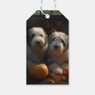 Étiquettes-cadeau Chiot Old English Sheepdog Autumn Delight Citrouil