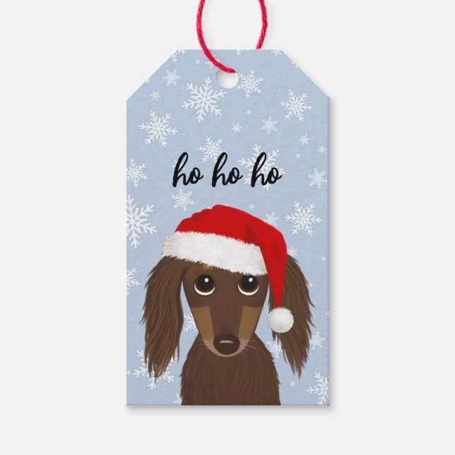 Étiquettes-cadeau Chocolat à poil long Dachshund mignon chien Noël (Devant)