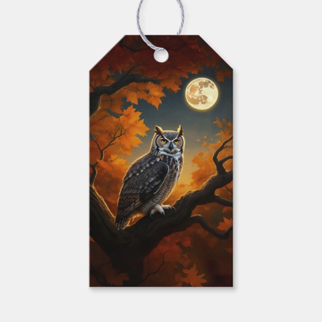 Étiquettes-cadeau Chouette à cornes en automne (Devant)