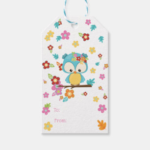 Étiquettes-cadeau Chouette boisée mignonne et fleurs Baby shower béb