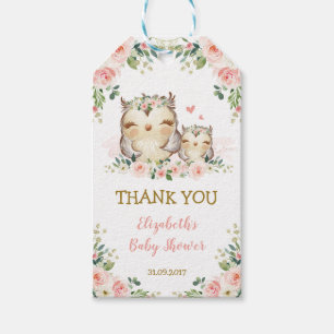 Étiquettes-cadeau Chouette des bois féminine Baby shower floral ros