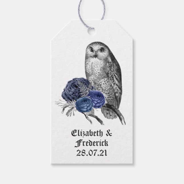 Étiquettes-cadeau Chouette florale rustique et araignées Mariage got (Devant)