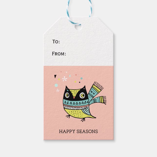 Étiquettes-cadeau Chouette rétro grande foulard saison heureuse (Devant)