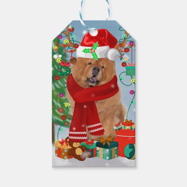 Étiquettes-cadeau Chow Chow Chien en neige avec cadeaux de Noël (Devant)