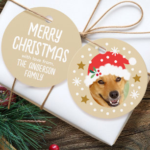 Étiquettes Cadeau Christmas Custom Photo Name Funny Père Noël Beige