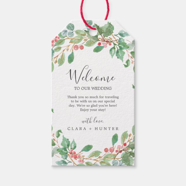 Étiquettes-cadeau Christmas Greenery & Red Berry Mariage Bienvenue (Devant)