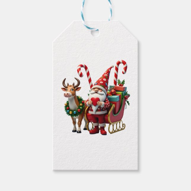 Étiquettes-cadeau Christmas Light Gnome Santa Claus Riding Sleigh Hi (Devant)