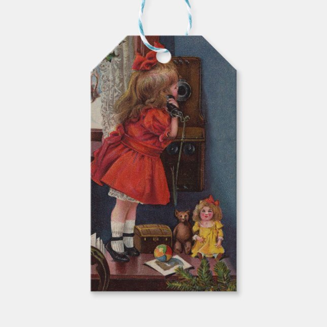 Étiquettes-cadeau Christmas Little Girl Téléphone Antique (Devant)