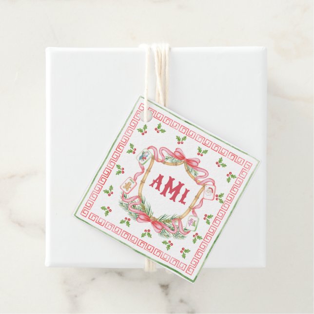 Étiquettes Cadeau Christmas Mahjong | Monogram (En situation)