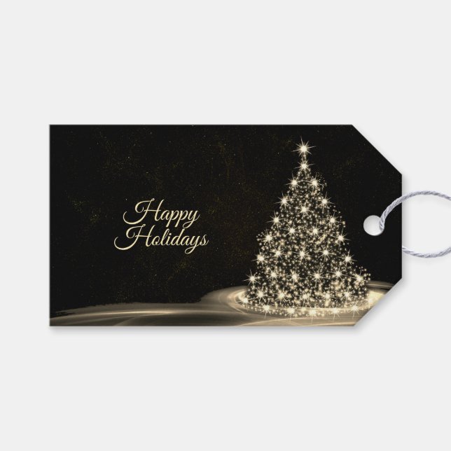 Étiquettes-cadeau Christmas Party Golden Shiny Tree Winter Black (Devant (Horizontal))