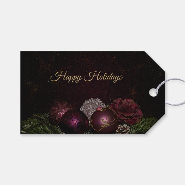 Étiquettes-cadeau Christmas Party Pink Ornament Green Leaves Black (Devant (Horizontal))