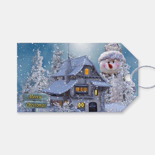 Étiquettes-cadeau Christmas Party Winter White Snowman Blue Rustic (Devant (Horizontal))