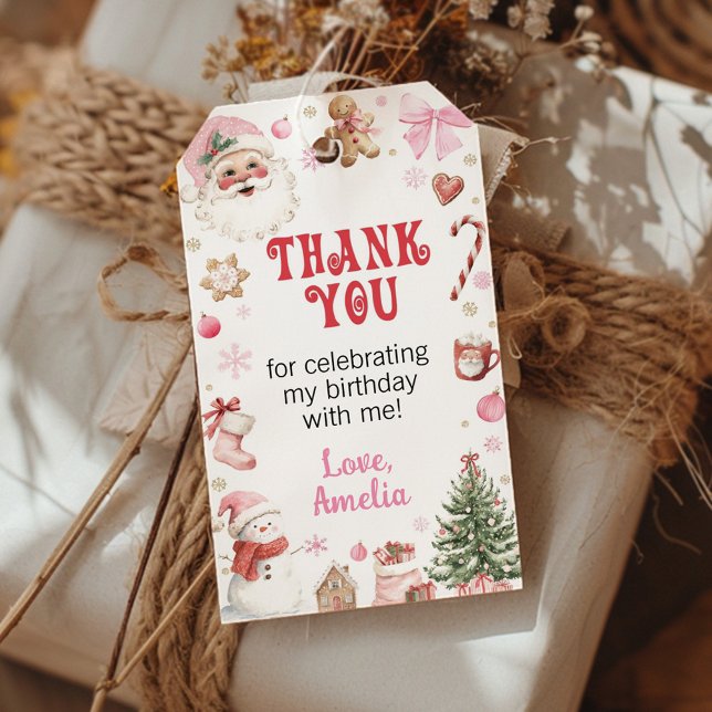 Étiquettes-cadeau Christmas Pink Santa Birthday Thank You (Créateur téléchargé)