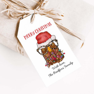 Étiquettes-cadeau Christmas Rustic Chicken Glasses Santa Hat