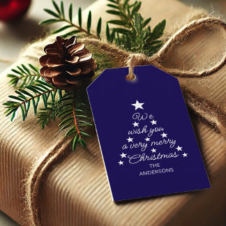 Étiquettes-cadeau Christmas Tree Blue White Stars & Name Typography 