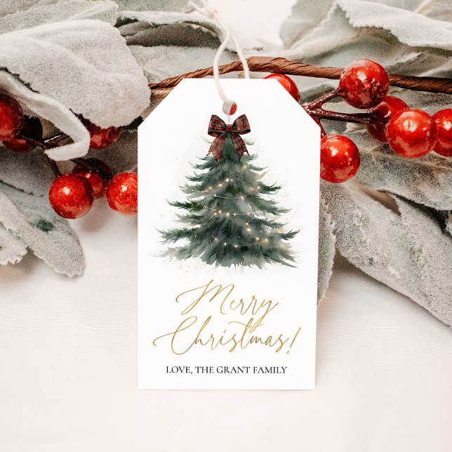 Étiquettes-cadeau Christmas Tree Red Plaid Bow Holiday (Créateur téléchargé)