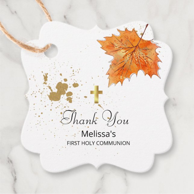 Étiquettes Cadeau Chute Rouille or orange feuilles Première Communio (Devant)