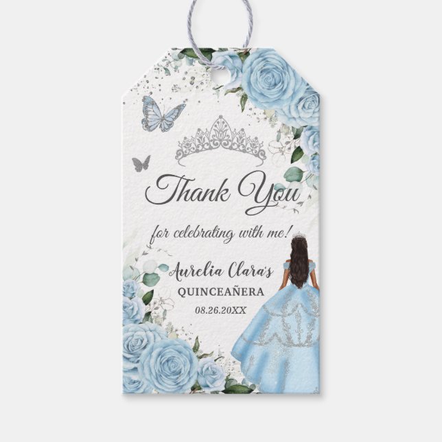 Étiquettes-cadeau Ciel bleu Floral Princesse Robe Argent Quinceañera (Devant)
