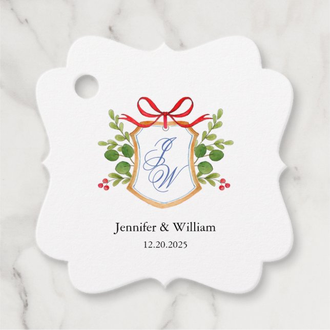 Étiquettes Cadeau Cimier avec verdure d'hiver monogrammed mariage (Devant)