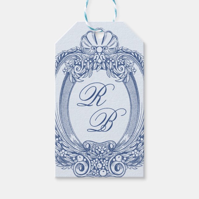 Étiquettes-cadeau Cimier baroque Paraphe bleu Mariage (Devant)