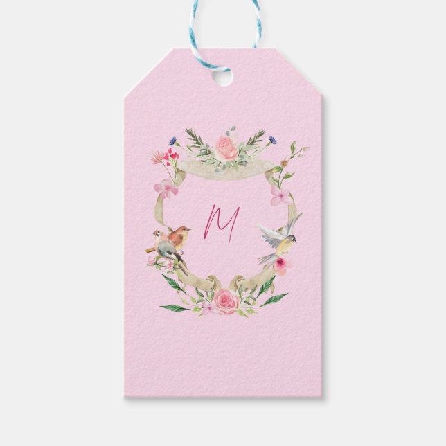 Étiquettes-cadeau Cimier Floral Monogramme rose (Devant)