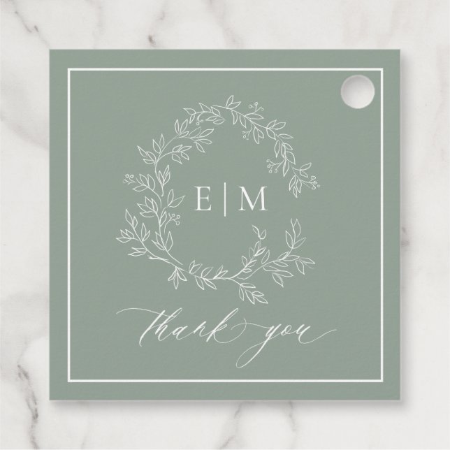 Étiquettes Cadeau Cimier vert de Sage moderne Monogramme Mariage Fav (Dos)