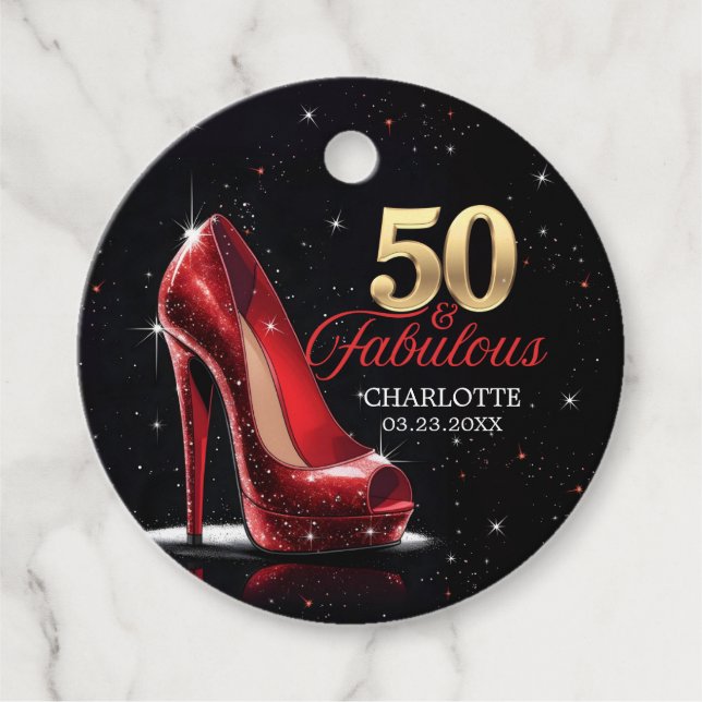 Étiquettes Cadeau Cinquante 50 & Fabuleux BIRTHDAY Red Gold High Hee (Devant)