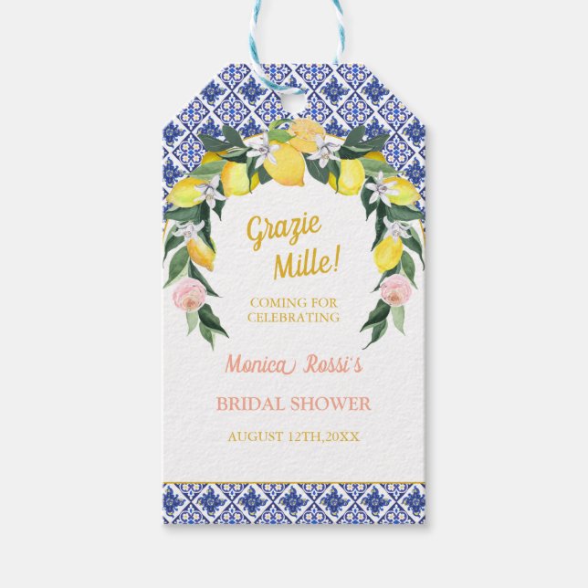 Étiquettes-cadeau Citron Carreaux Bleus Grazie Mille Fête des mariée (Devant)