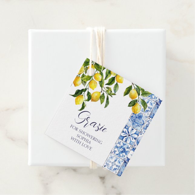 Étiquettes Cadeau Citron Citrus Positano Carreaux Bleus Fête des mar (En situation)