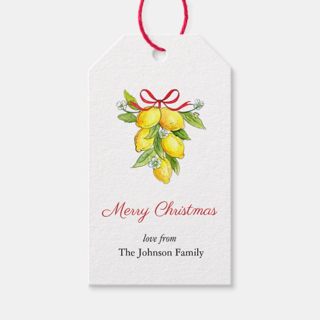 Étiquettes-cadeau Citrons aquarelle avec arc Joyeux Noël (Devant)