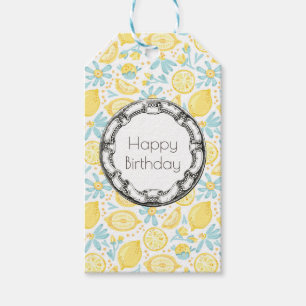 Étiquettes-cadeau Citrons jaunes et fleurs bleues pastel Joyeux anni